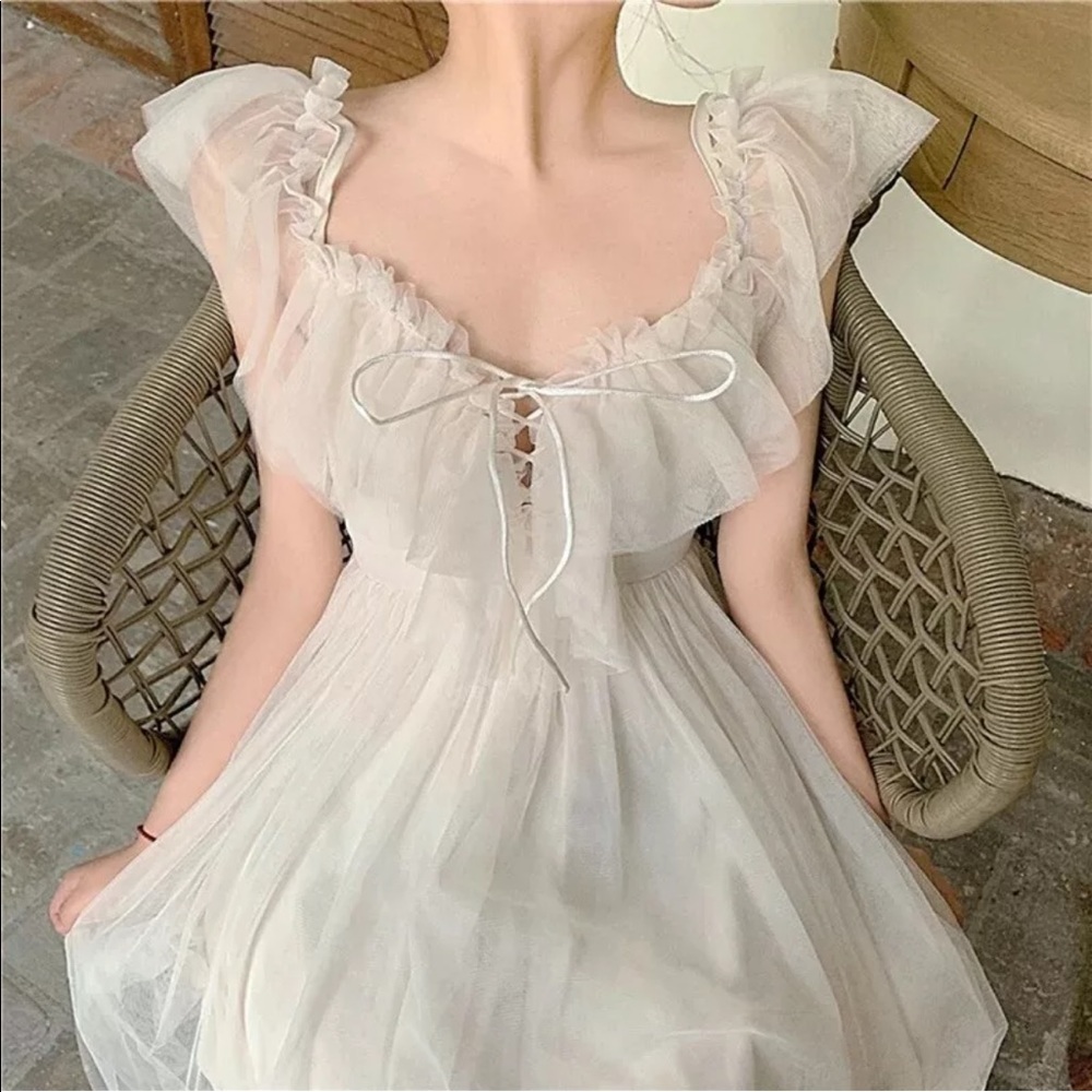 Lace up dress Ruffle off shoulder cream beige  lace fairy princess - Picture 8 of 16